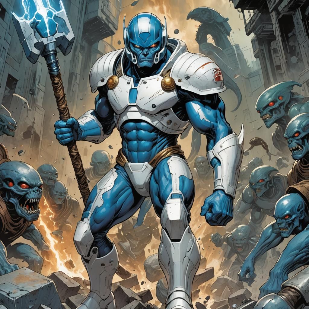 Blue Thunder God with Alien Hammer, Comic Book Art