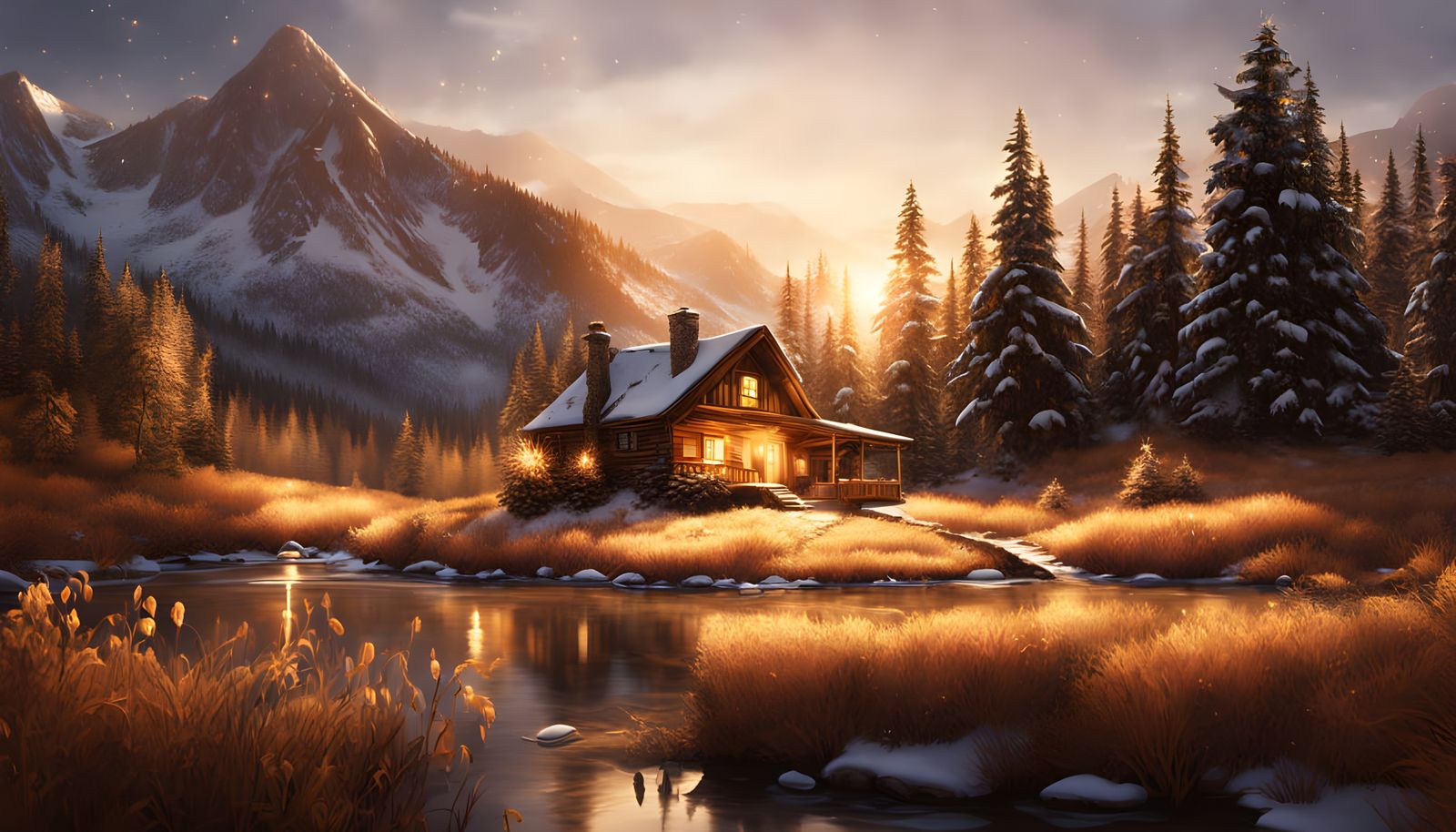 Cozy Mountain Cabin in Golden Sunset Winter Landscape