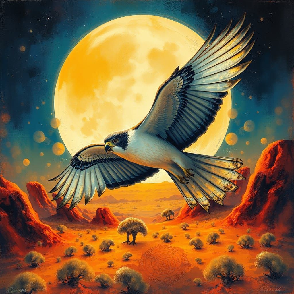 Iridescent Falcon Soaring over Dreamlike Outback