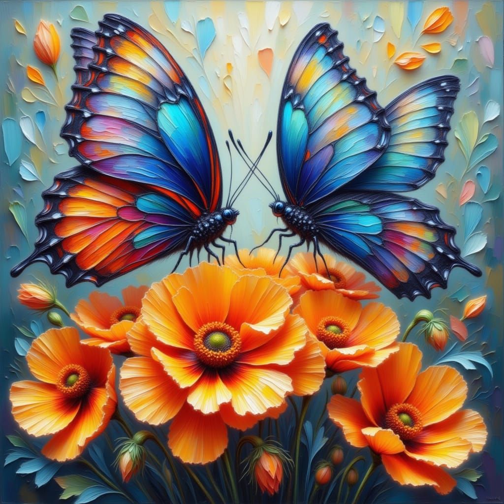Iridescent Butterflies on Orange Poppies in Macro View