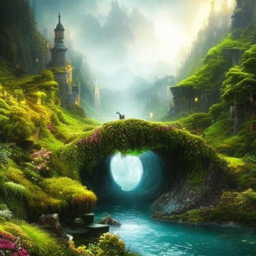 Steampunk Bridge in Rococo Jungle, Digital Art