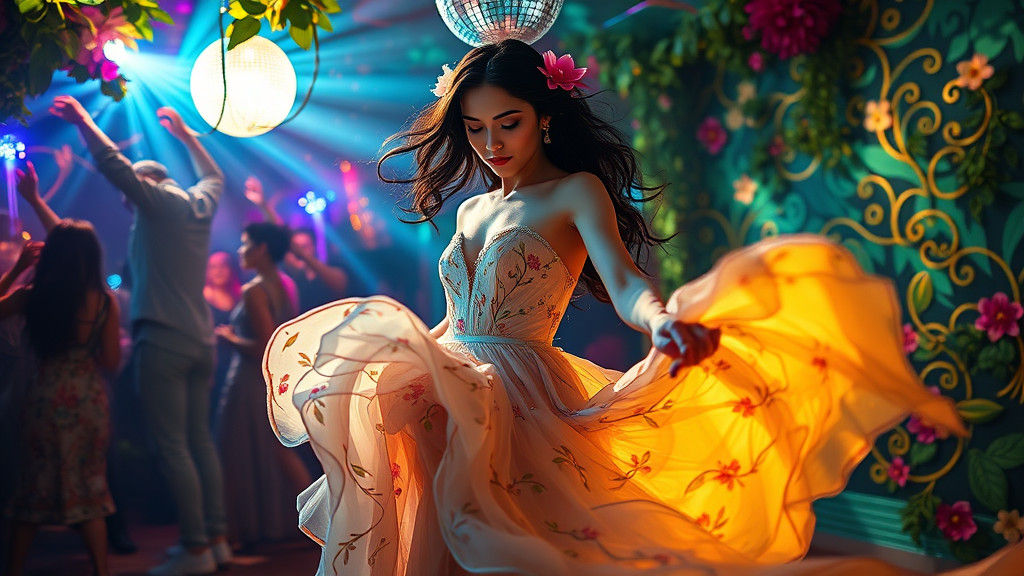 Woman Dancing in Disco: Klimt-Inspired Surrealism