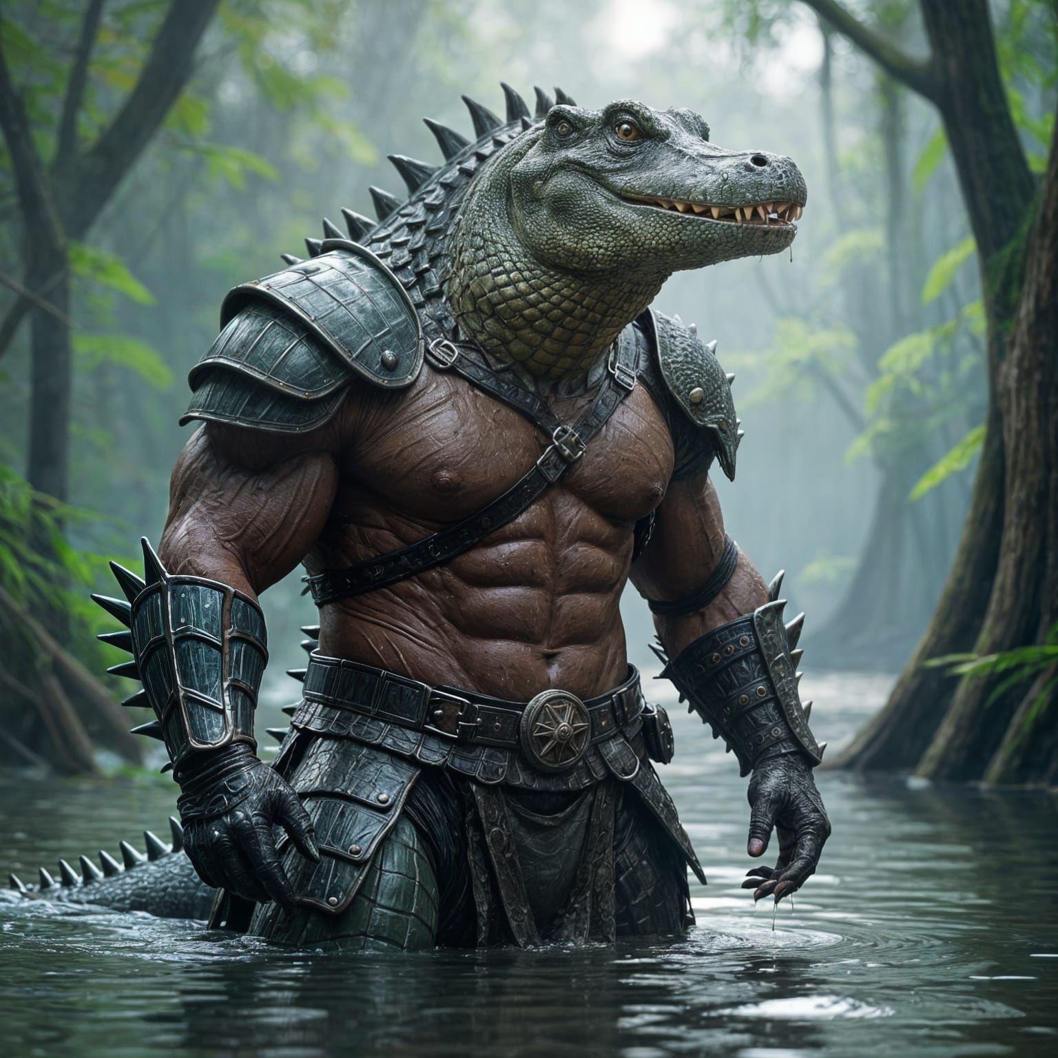Muscular Alligator-Headed Warrior in Swamp Armor