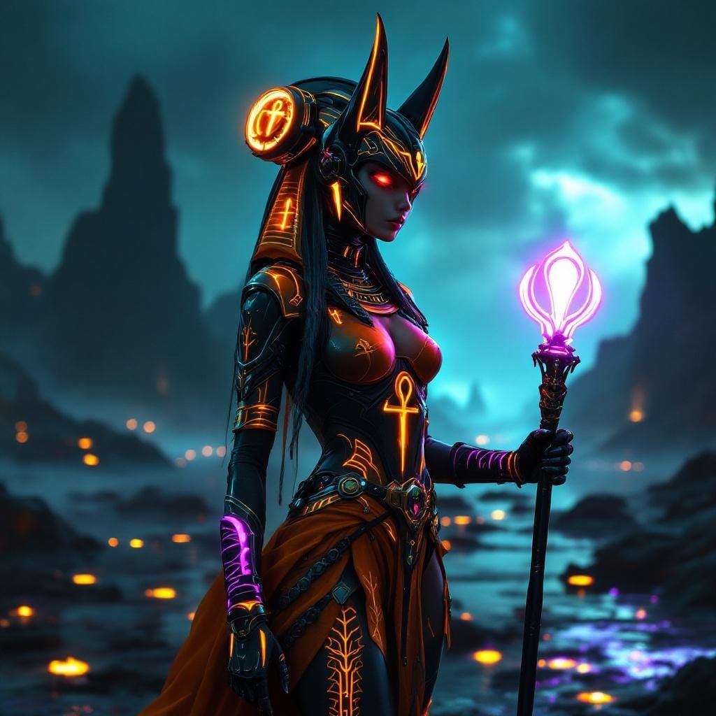 Girl in Anubis Mecha Helmet on the River Styx
