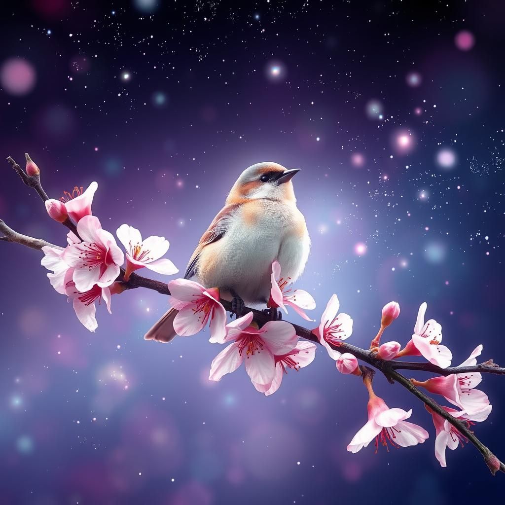 Sparrow on Cherry Blossom Branch: Astral Illustration