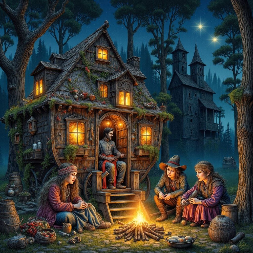 Whimsical Gypsy Campfire Scene in Dreamlike Oil Painting