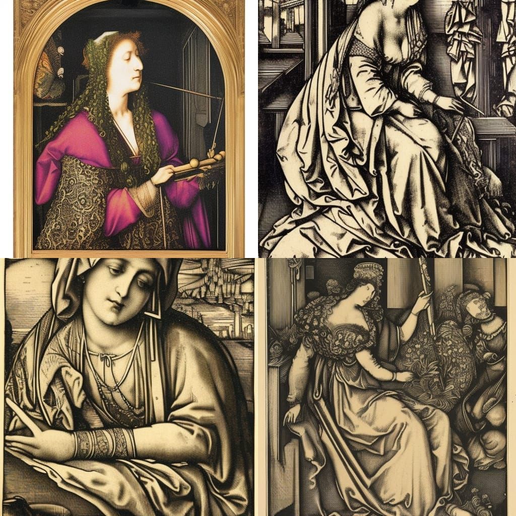 Female Muse Inspiring Artist in Woodcut Style