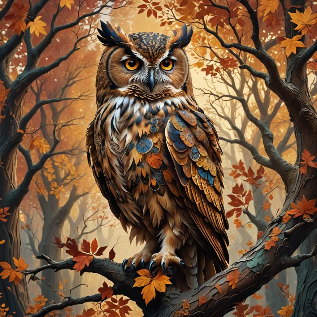 Baroque Owl in Mystical Autumn Forest