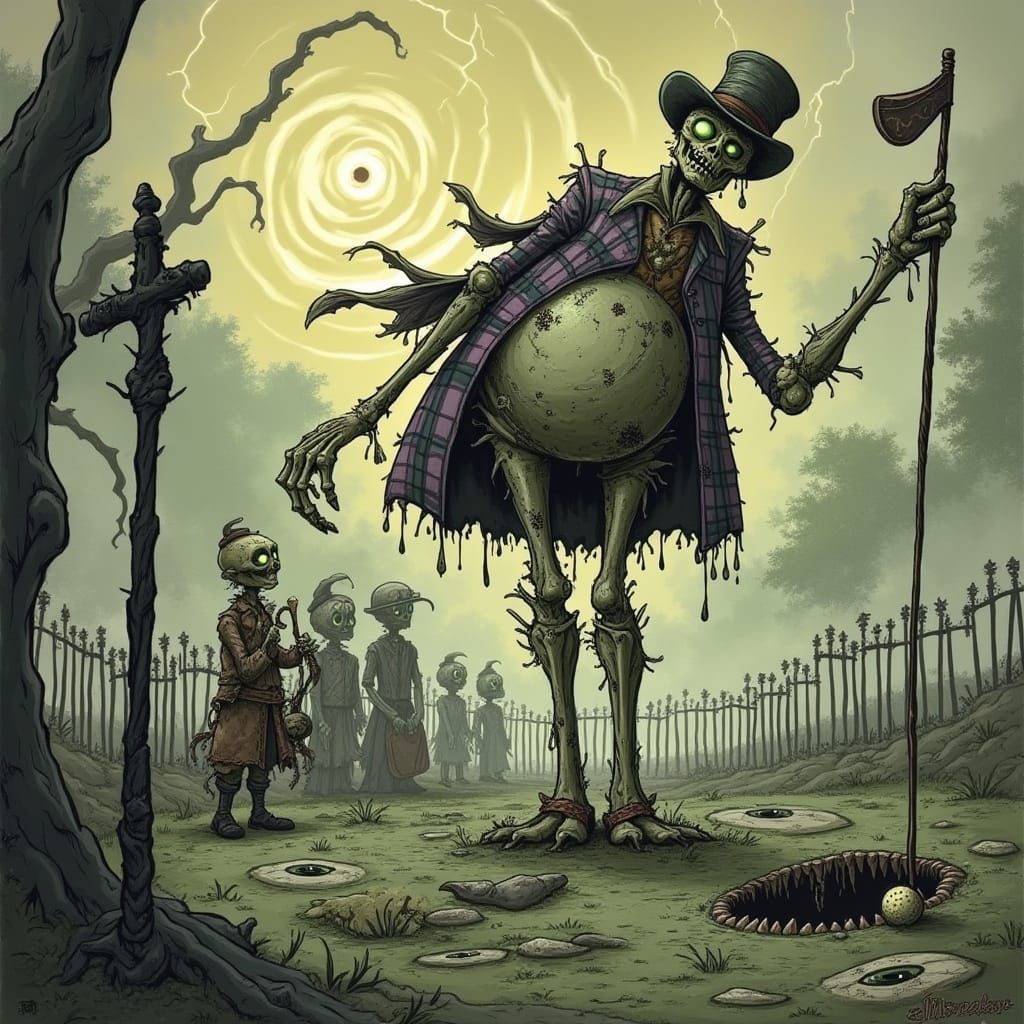 Zombie Golfer in Tim Burton's Gothic Whimsical Style