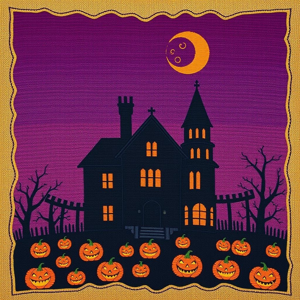 Haunted Halloween House Embroidery in Textile Art Style