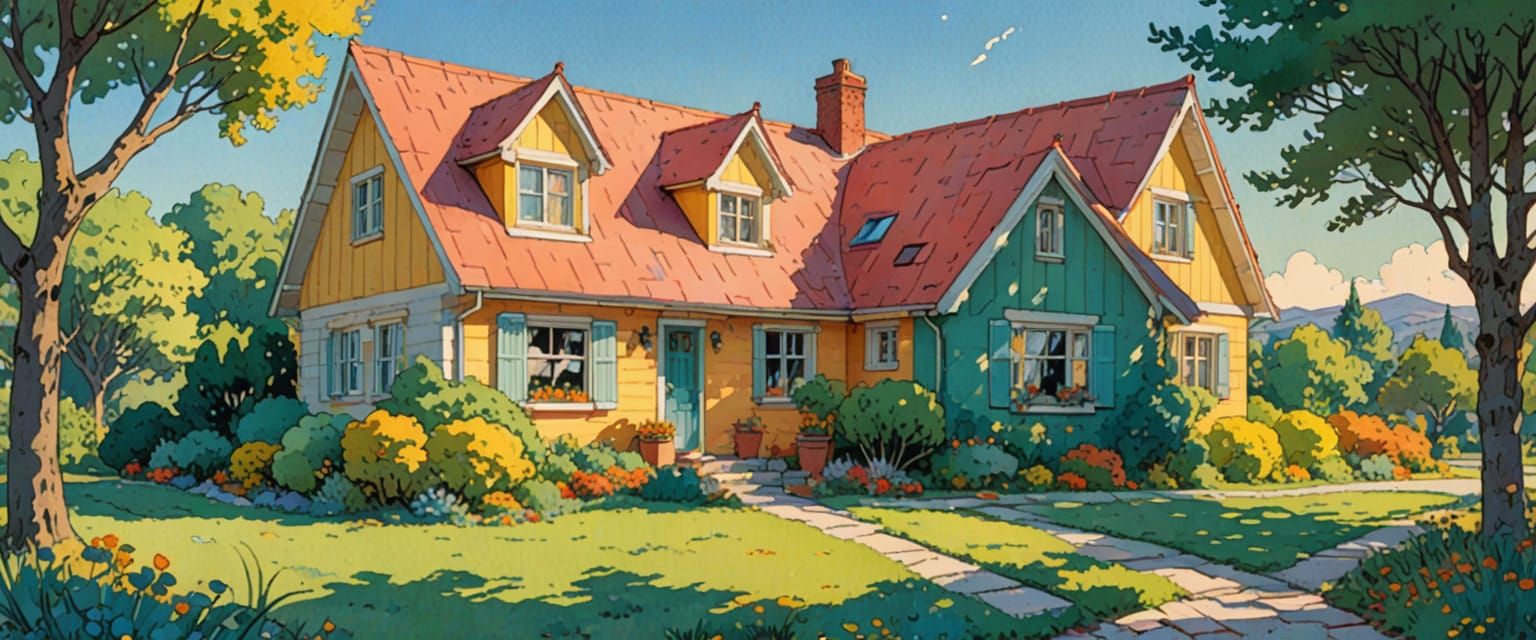 Cheerful Block House in Late Afternoon Sunlight