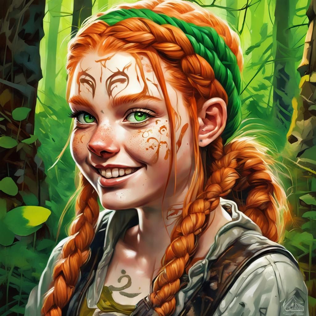 Halfling Woman with Braids in Forest, Graffiti Art