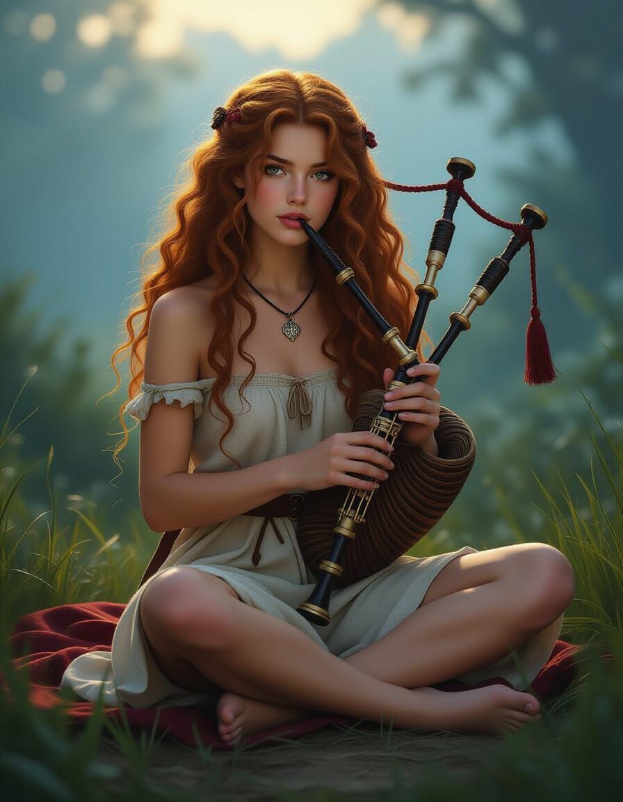 Celtic Woman Plays Bagpipes in Mystic Setting