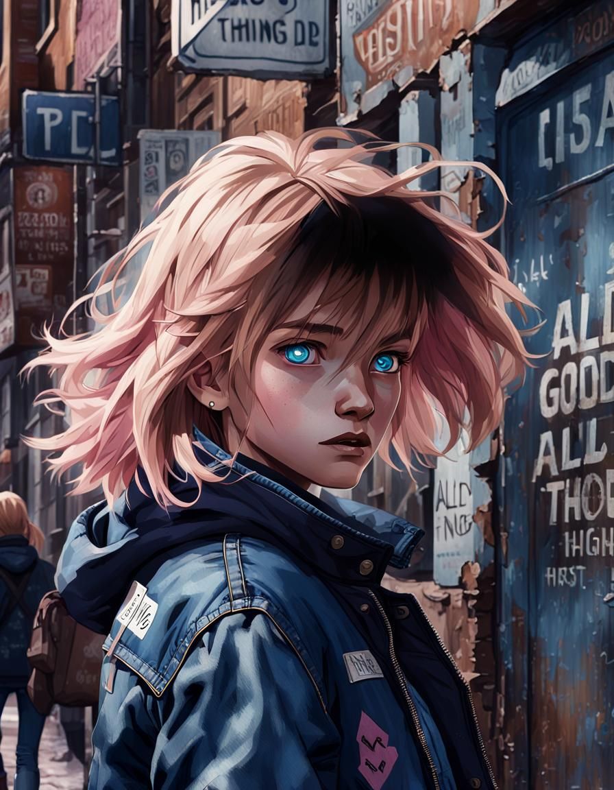 Young Woman with Colorful Hair Walks City Street