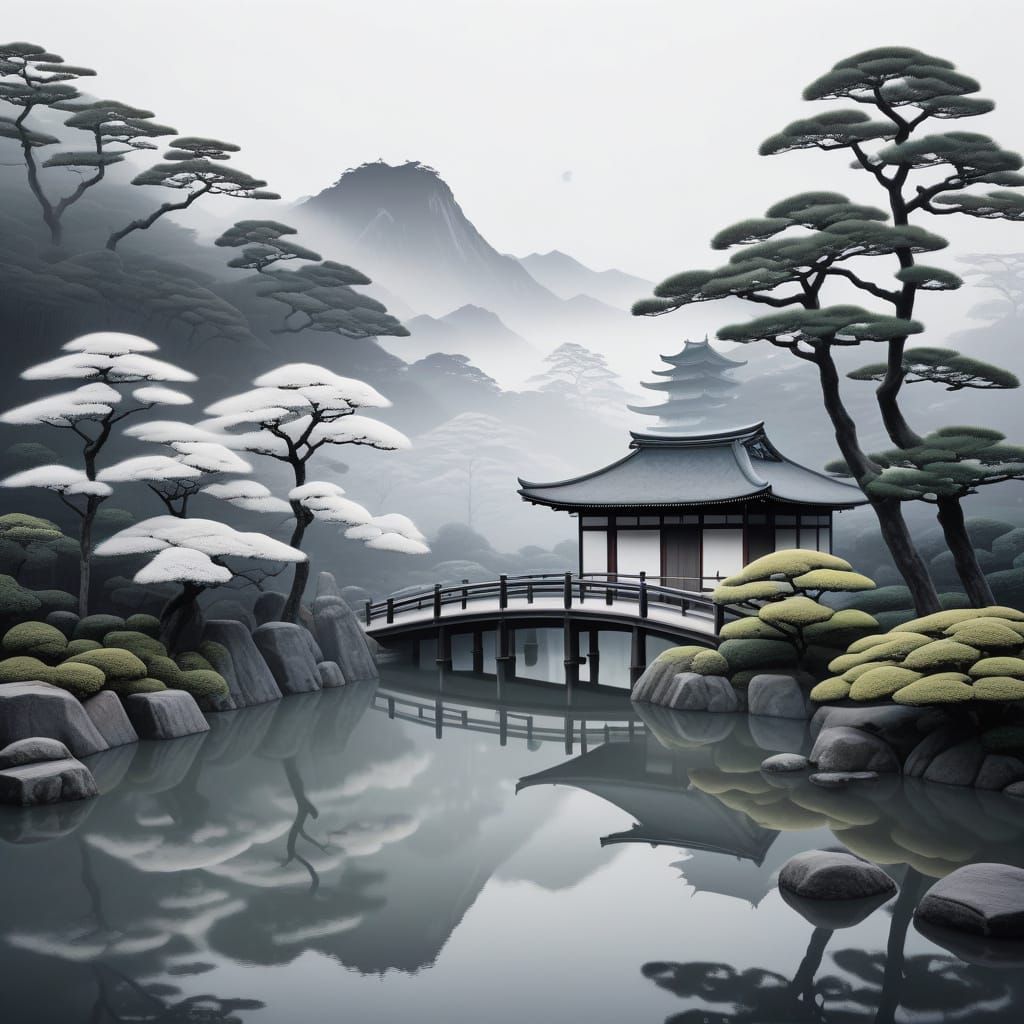 Misty Japanese Garden in Monochromatic Ukiyo-e Style
