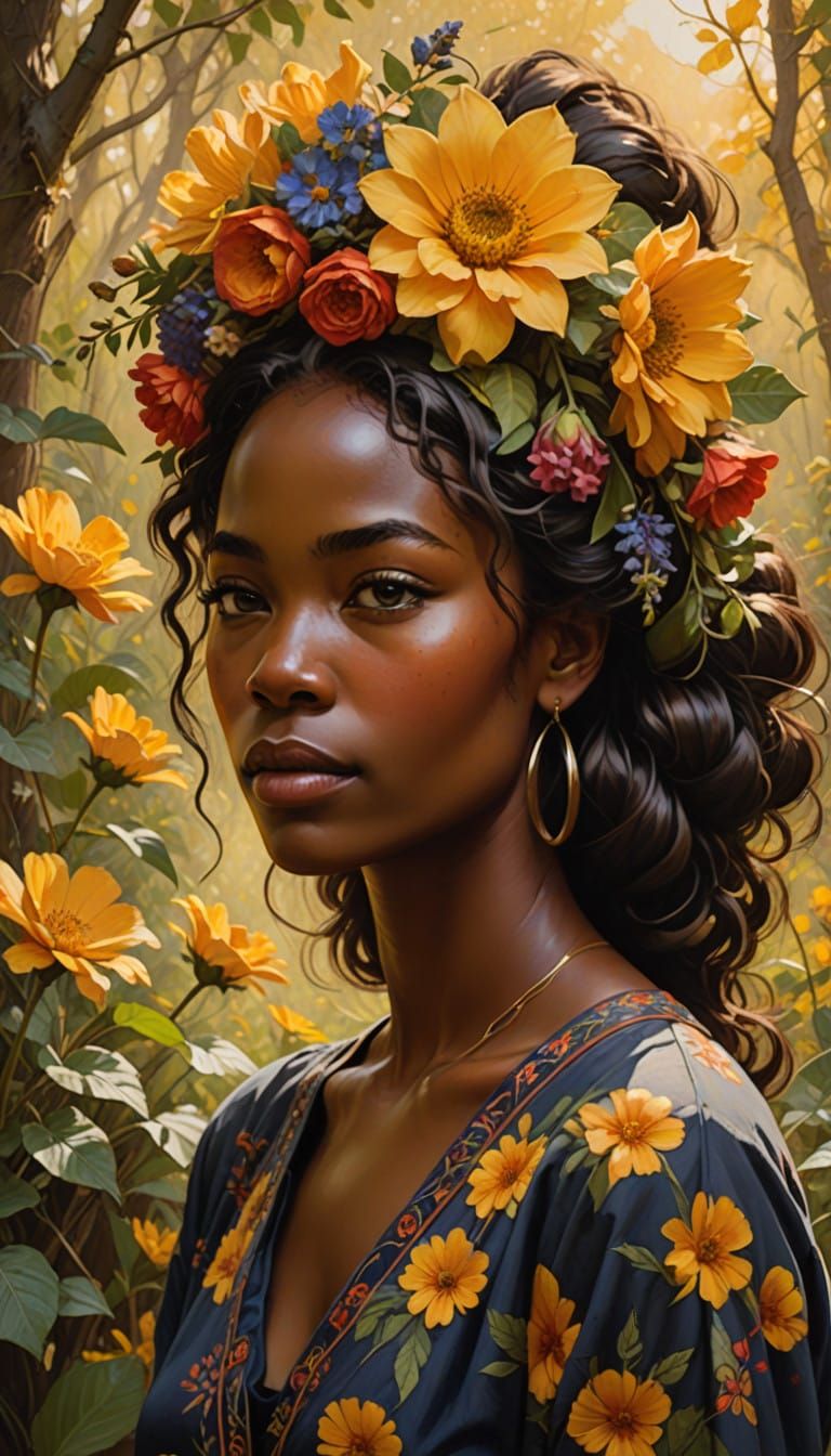 Serene Black Woman Adorned with Vibrant Flower Garland