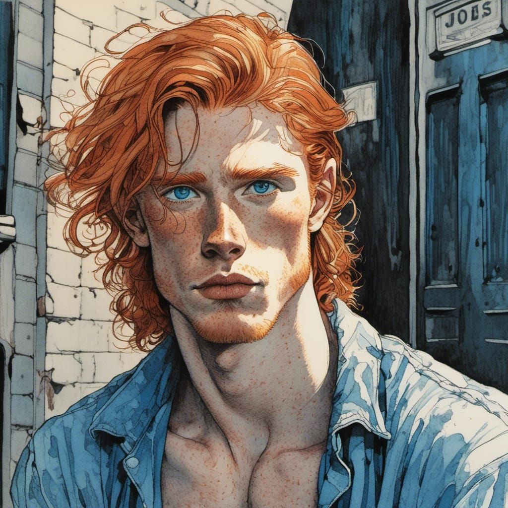 Sad Ginger Hustler in Detailed Pen and Ink Portrait