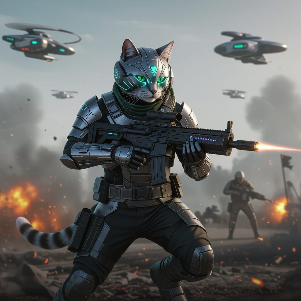 Futuristic Cat Warrior in Chaotic Battlefield