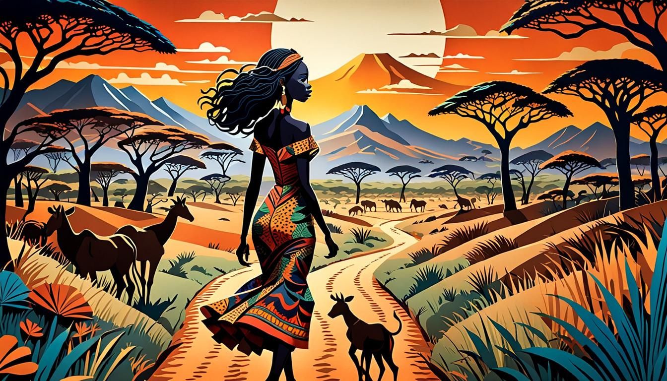 Elegant Woman in African Savannah Paper-Cut Animation