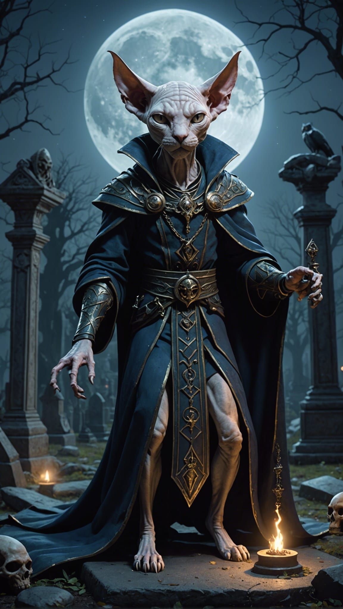 Malevolent Sphynx Cat Sorcerer Under Moonlight