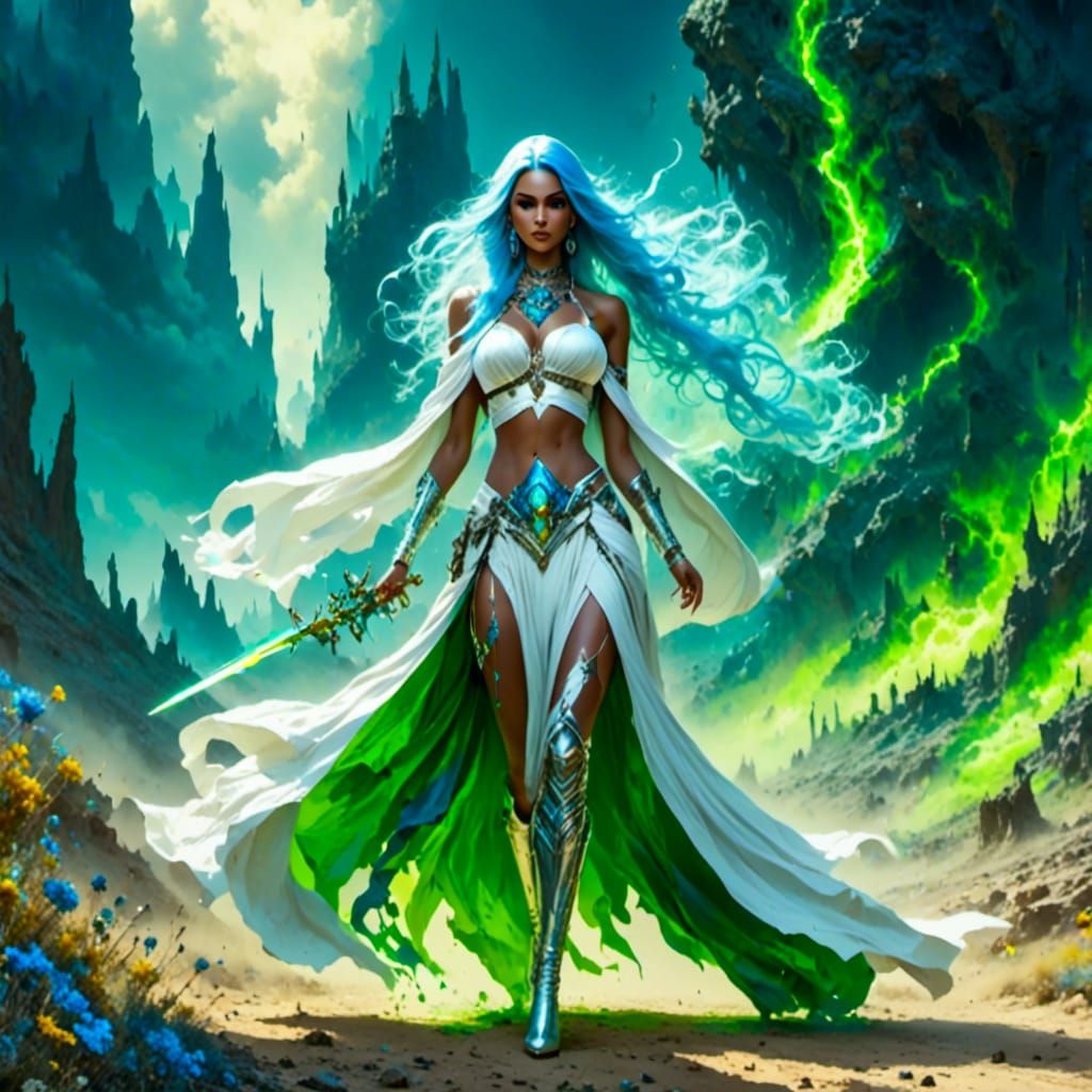 Elf Sorceress and Orc Warrior in Desert Landscape