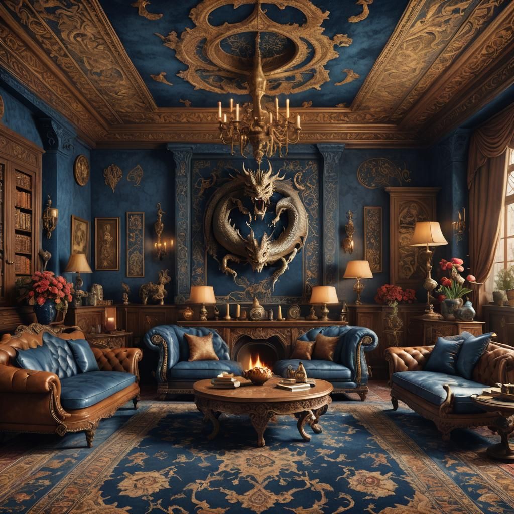 Luxurious Living Room with Dragon Carpet: Fantasy Concept Ar...