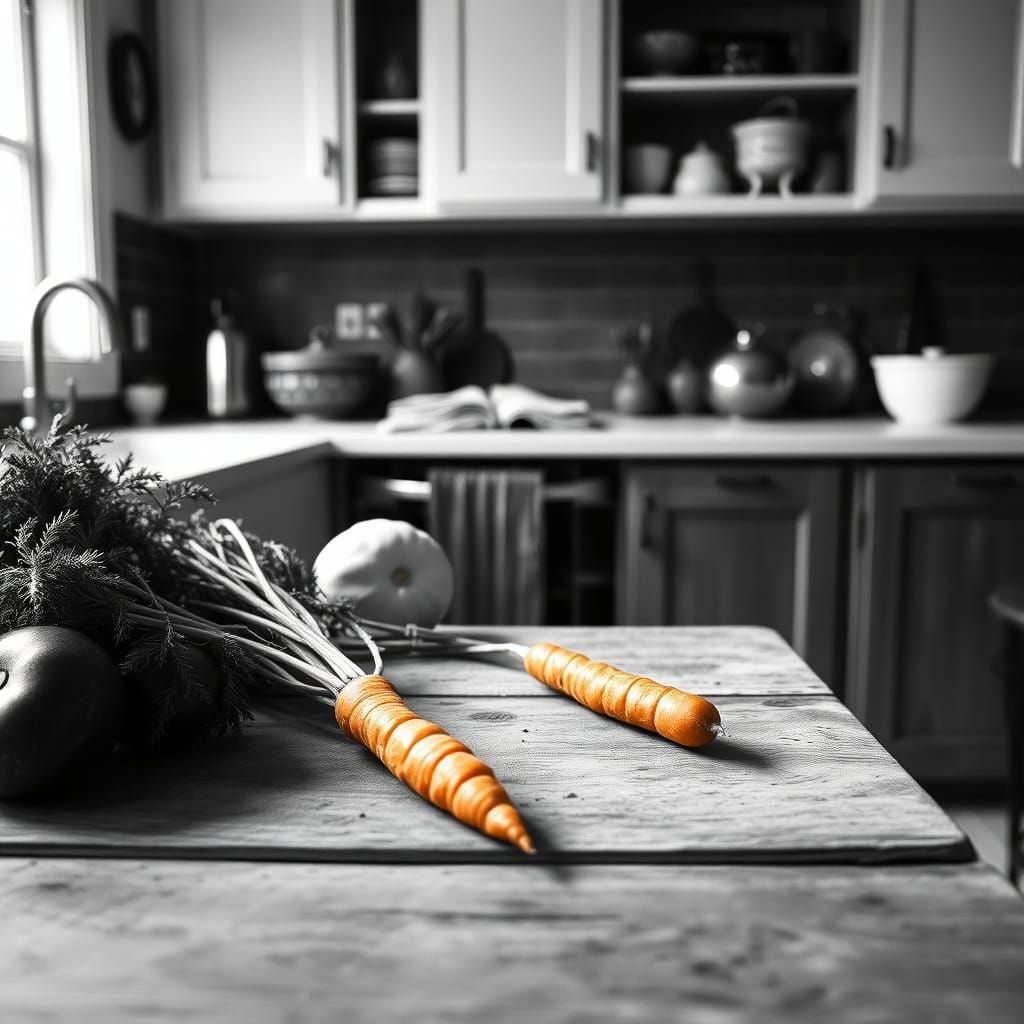 Monochrome Farmhouse Kitchen with Orange Carrot