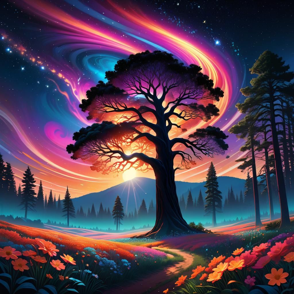 Psychedelic Starry Sky Landscape with Vortexes