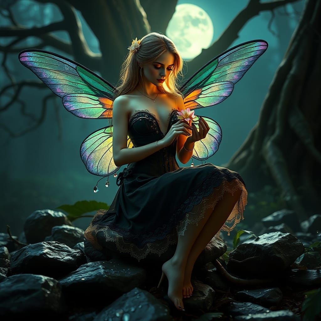 Fairy in Misty Forest with Flower, Macro Photograph