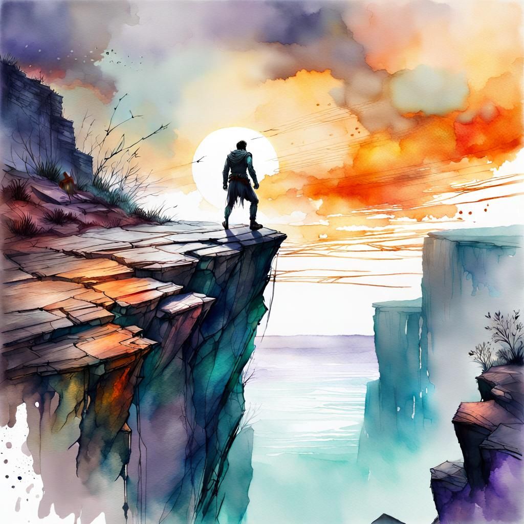 Cliffside Jump in Sci-Fi Watercolor Style