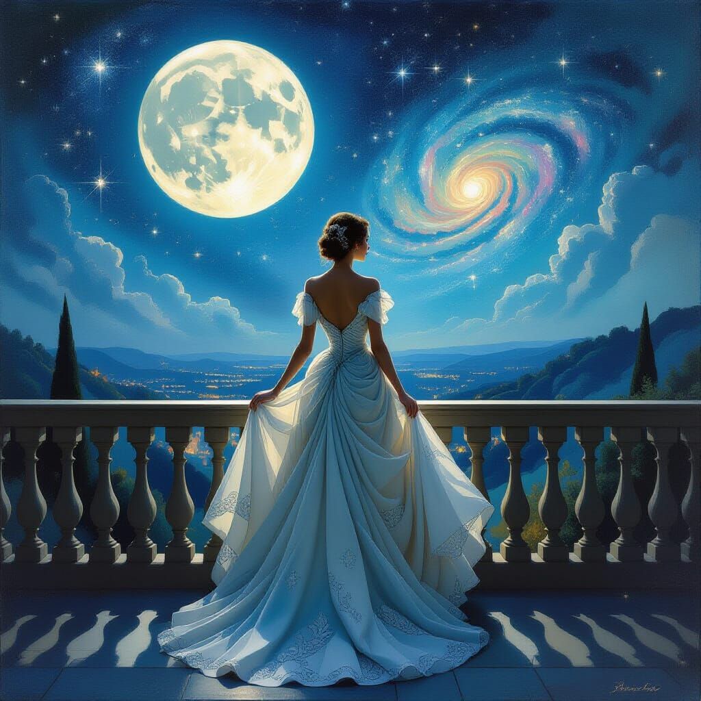 Celestial Woman on Balcony in Dream Landscape