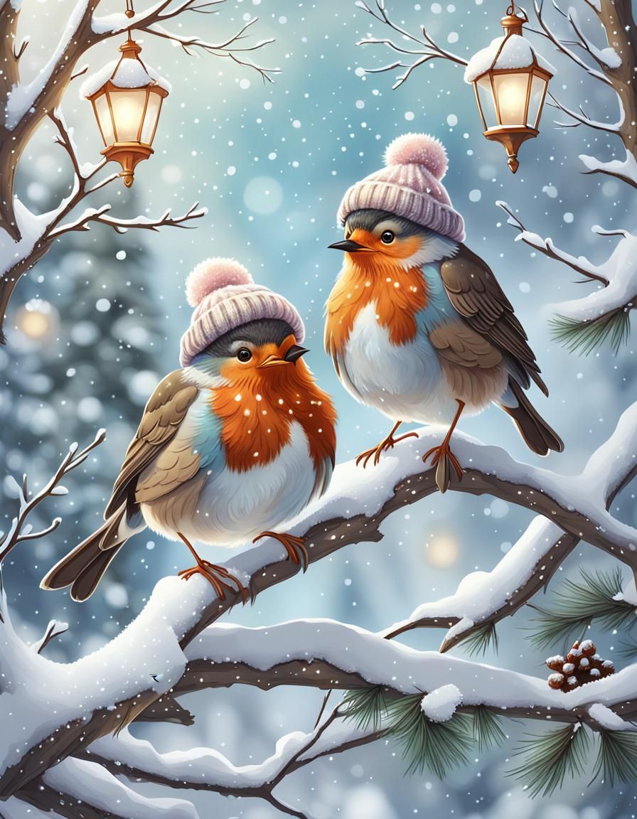 Fantasy Robin Couple in Winter Wonderland
