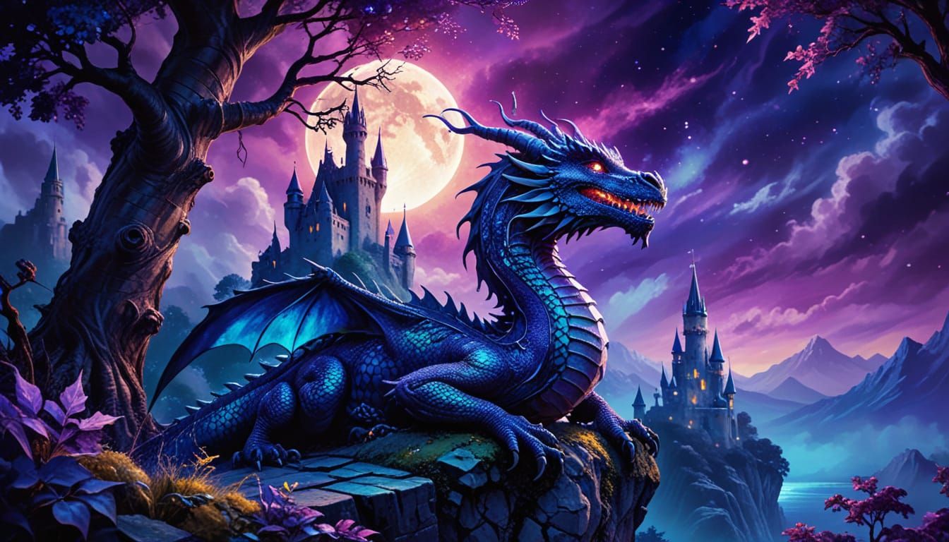 Dragon in Fantasy Castle Landscape, Alcohol Ink Art