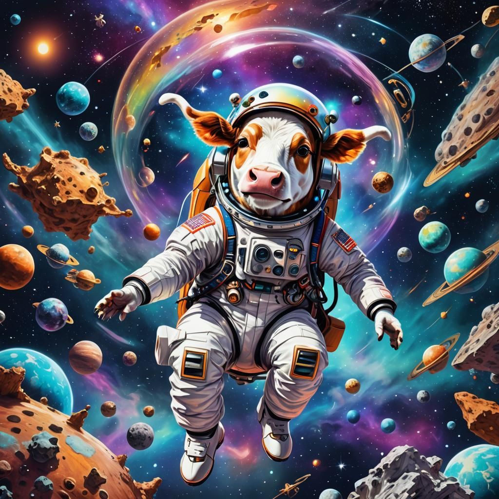 Astronaut Cow in Space: Cosmic Holographic Illustration