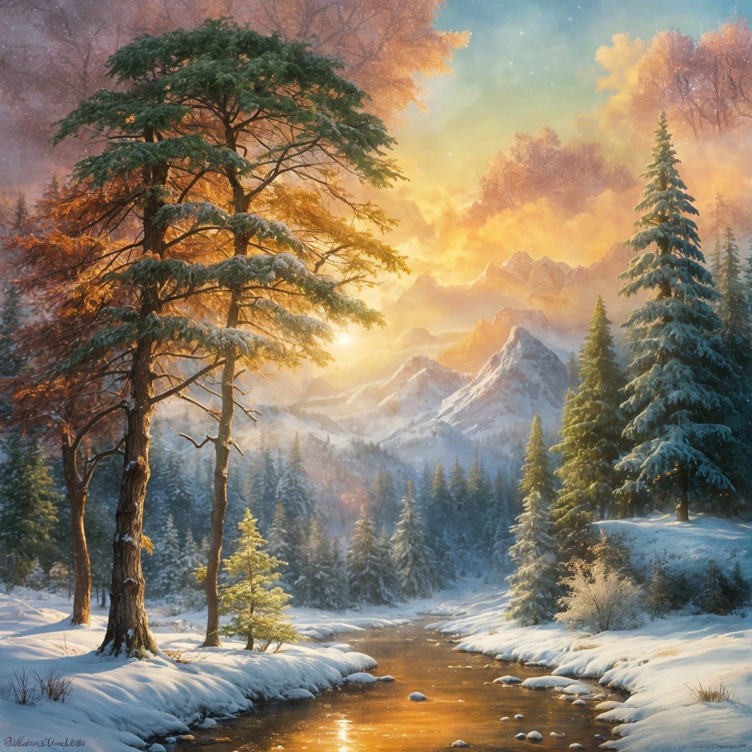 Surreal Winter Wonderland Scene with Heavenly Lights