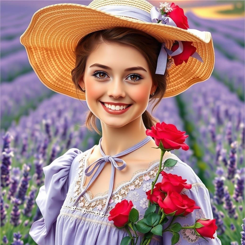 Ethereal Lady in Lavender Fields with Roses and Lilac Dress