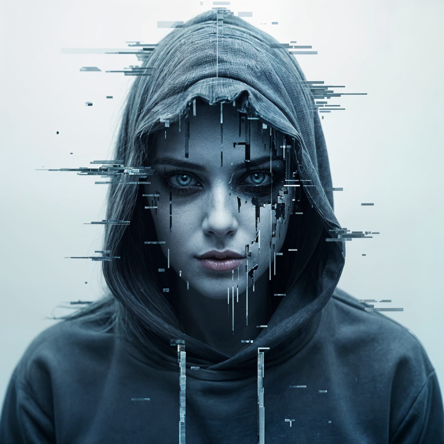 Surreal Face Melts into Digital Static