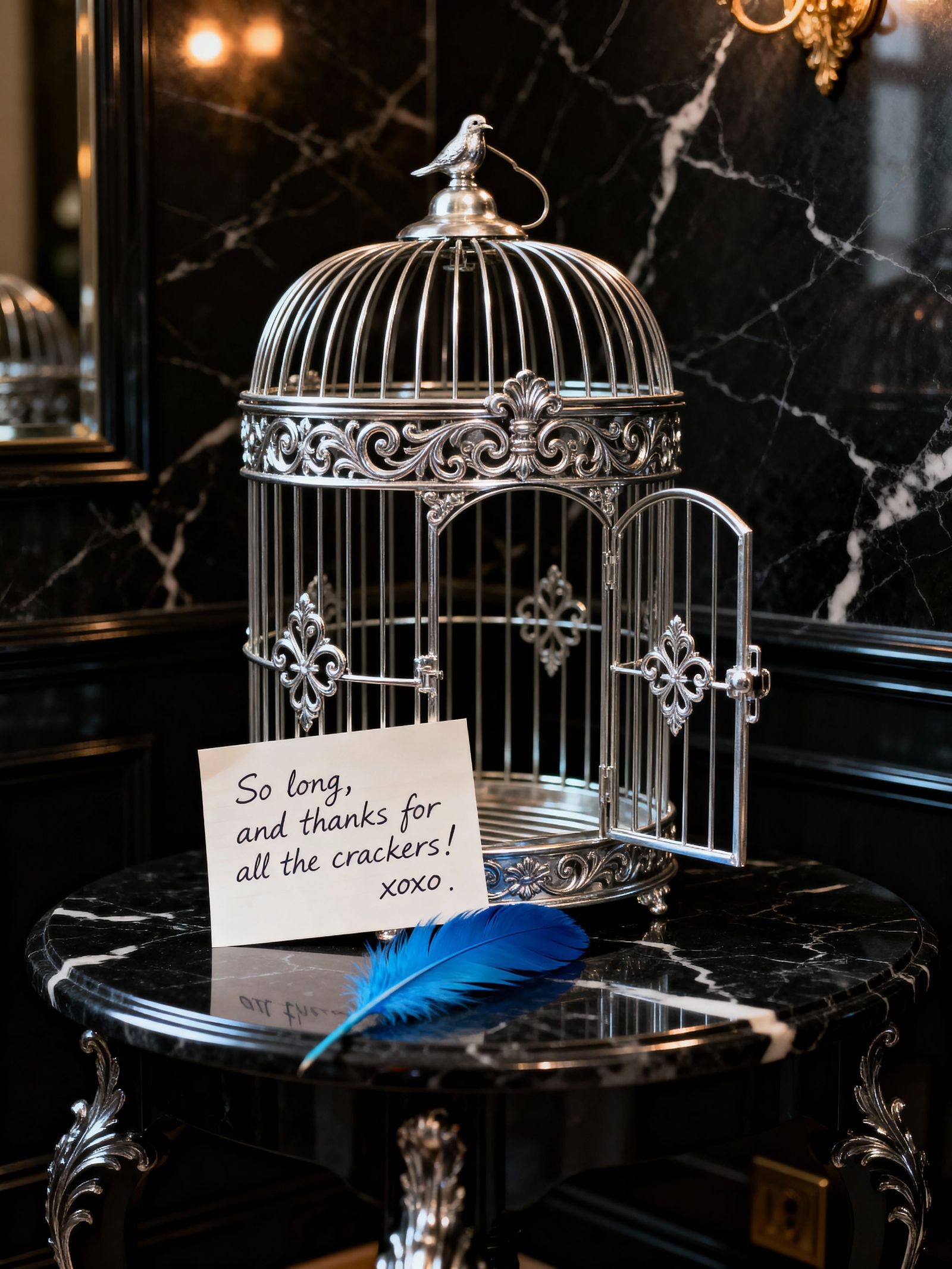 Ornate Birdcage with Note and Feather