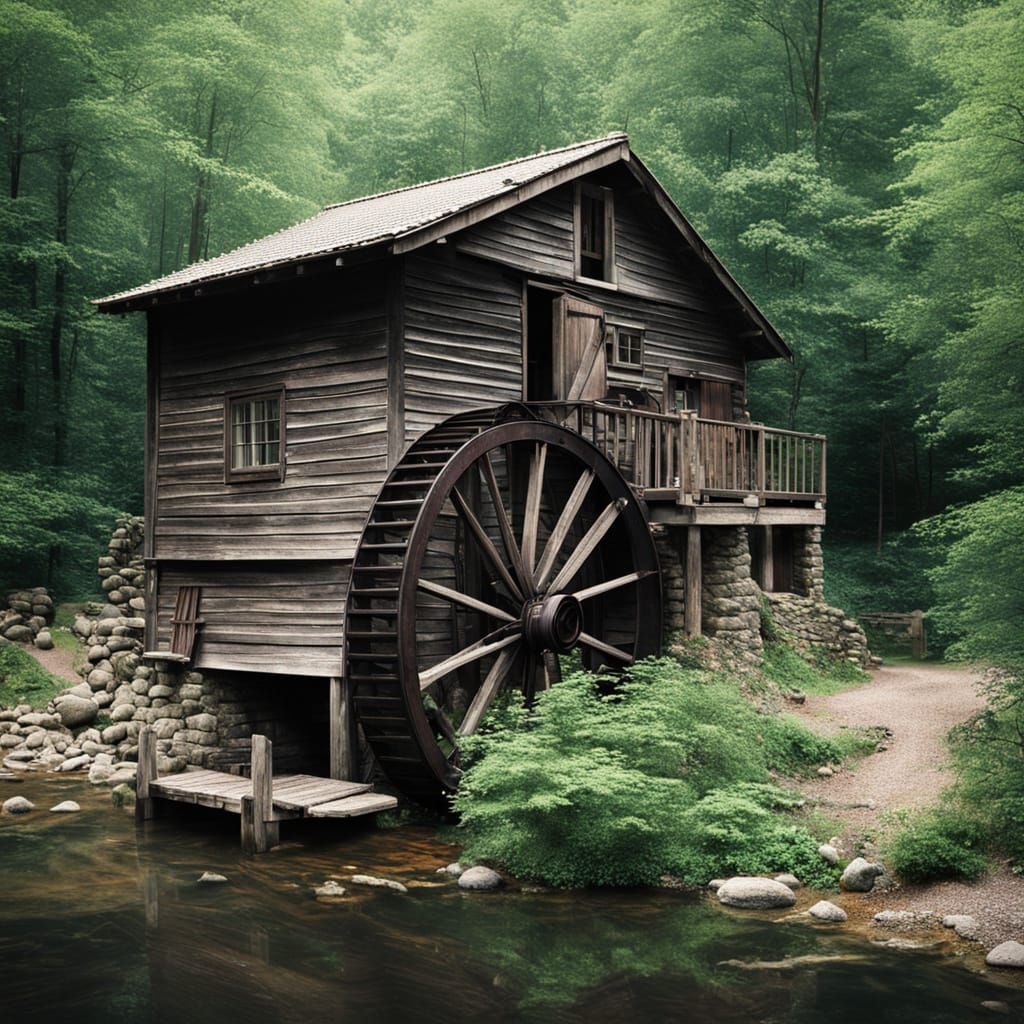 Rustic Waterwheel Near a Secluded Cabin in the Woods