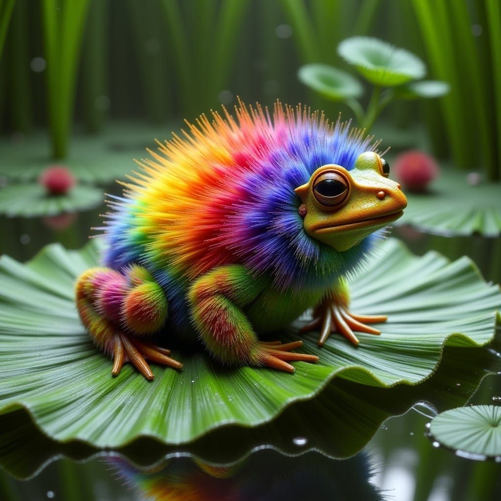 Fluffy Rainbow Frog on a Photorealistic Leaf in a Pond