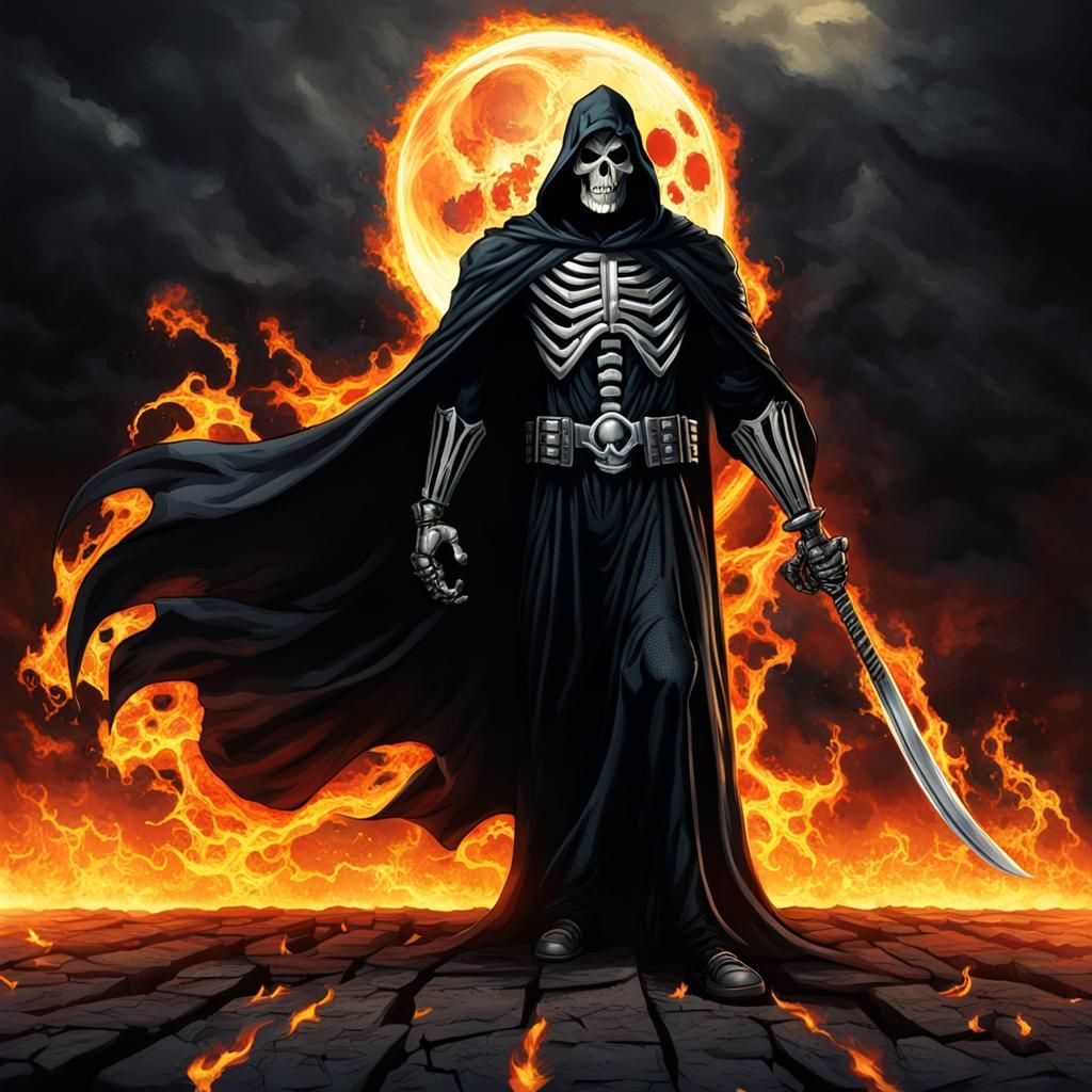 Grim Reaper Superhero with Flaming Background