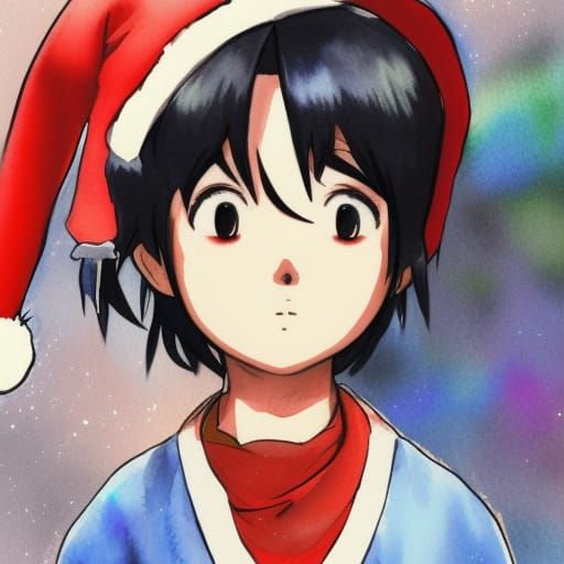 Festive Anime Boy with Santa Hat in Watercolor Style