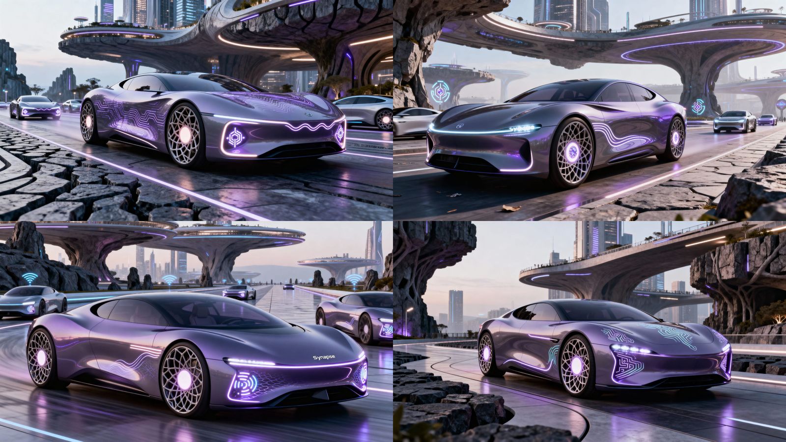 Photorealistic EV Concept Car Synapse on Futuristic Boulevar...
