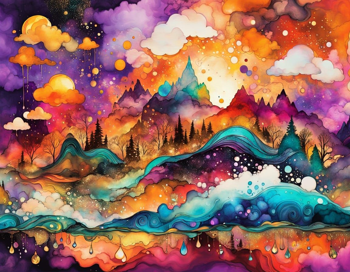 Sunset Harbor with Glittering Abstract Alcohol Inks