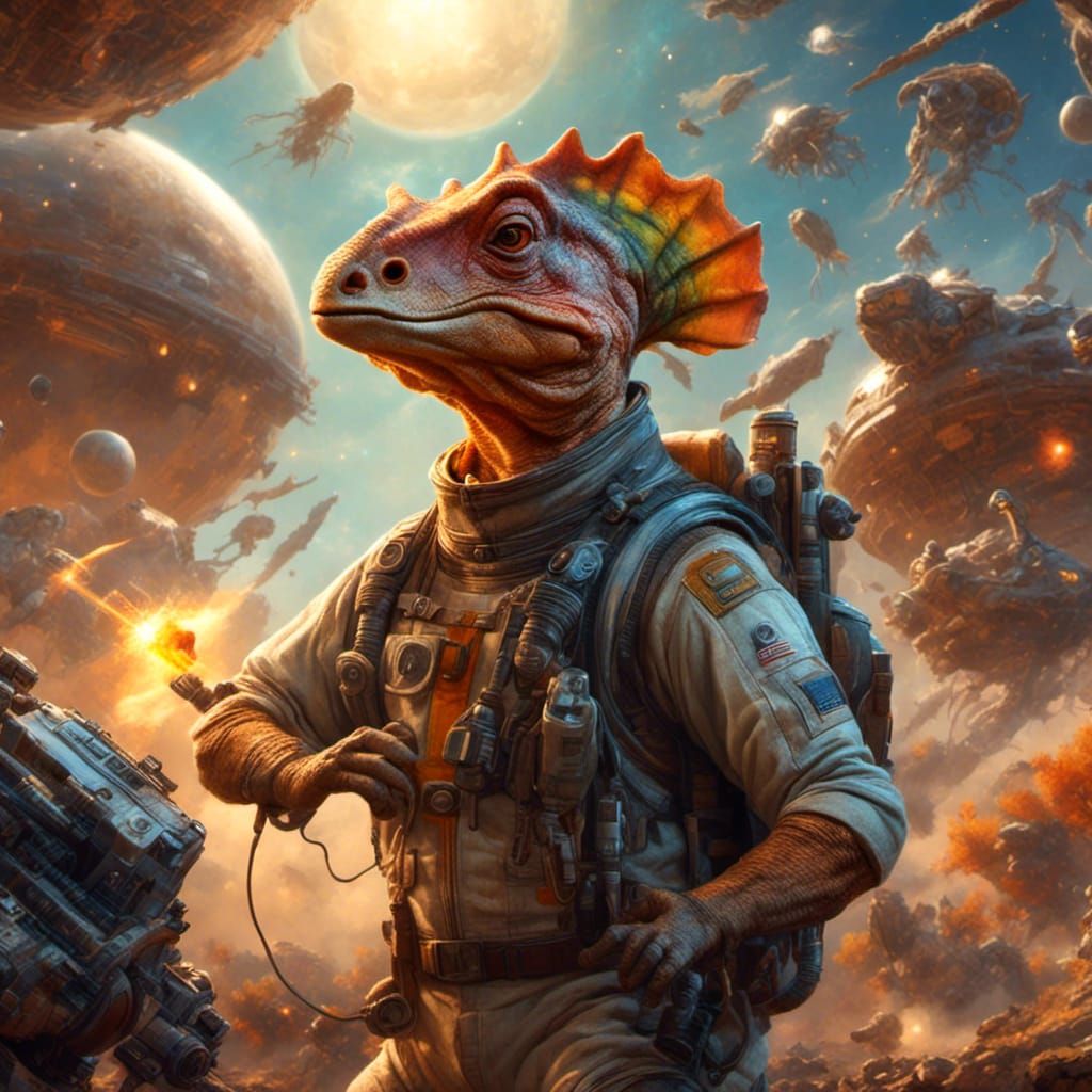 Laughing Dinosaur Warrior in Sci-Fi Landscape