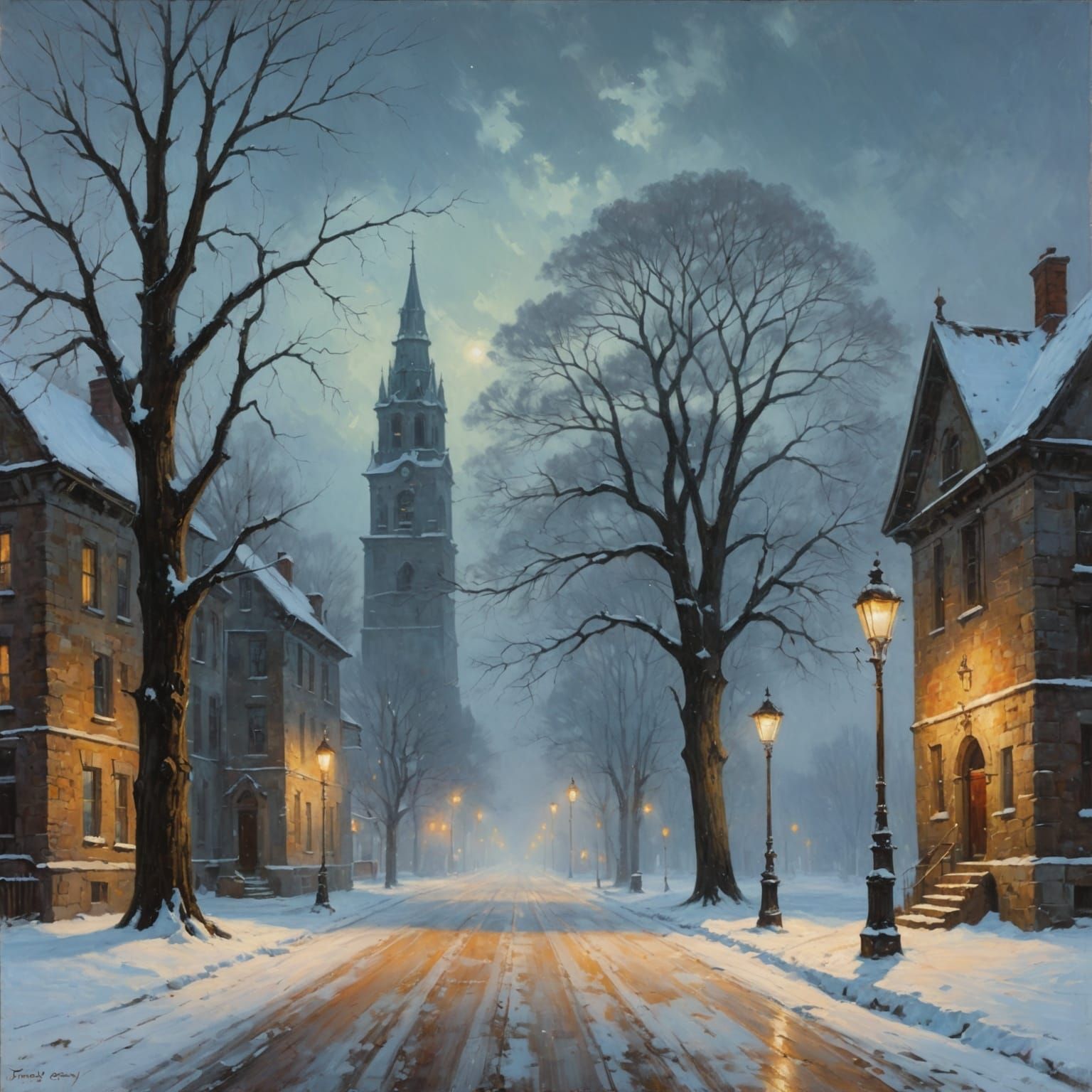 Winter Landscape with Church in Oil Painting Style