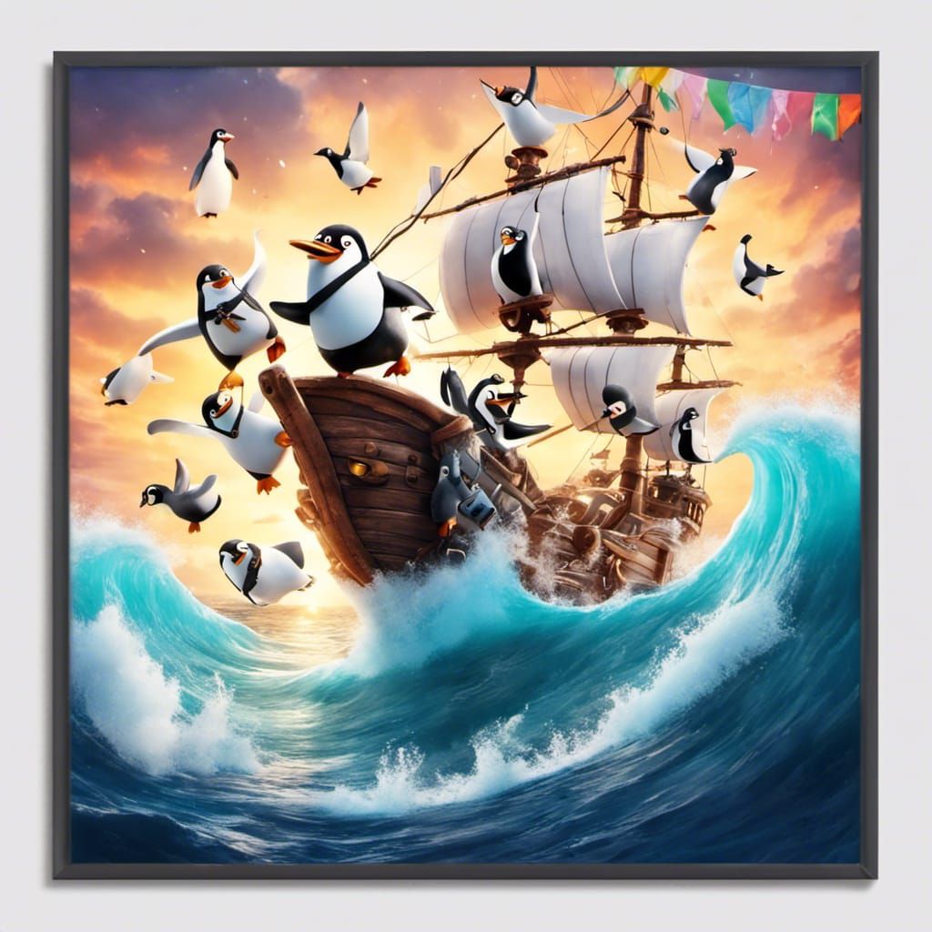 Penguin Pirates Face Giant Wave in Pixar Style