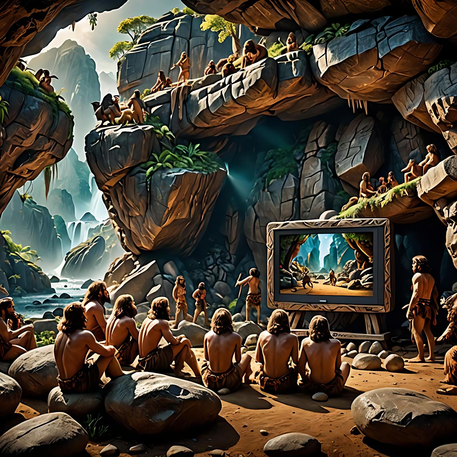 Cavemen Watching Large Screen TV.