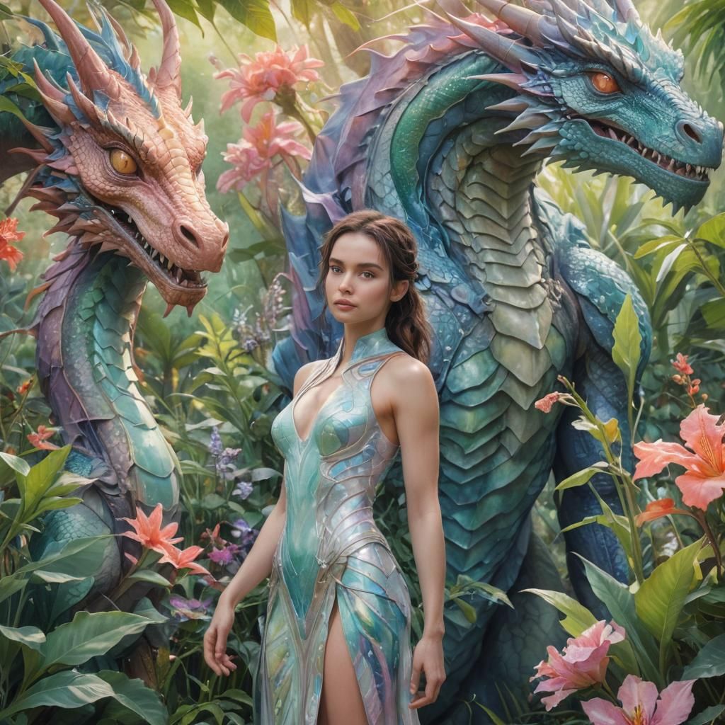 Cybernetic Woman and Dragon in Watercolour Garden