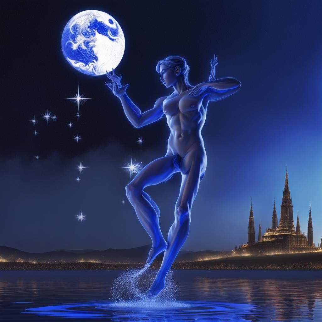 Romantic Couple Drinking Blue Wine Under Autumn Moon